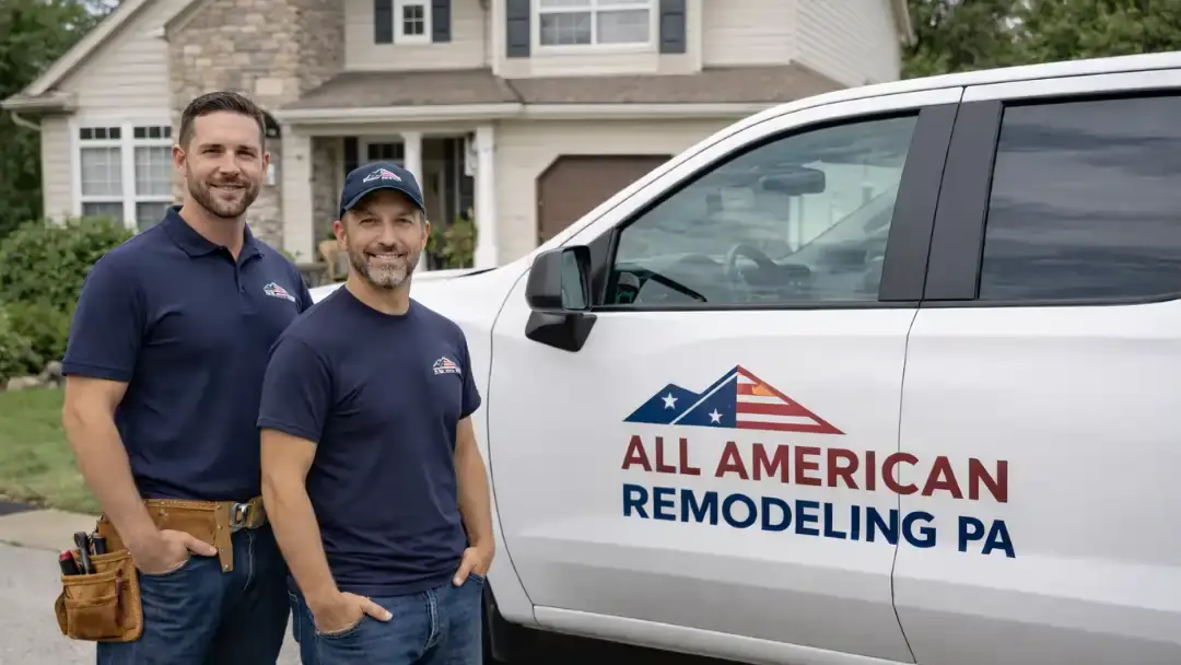 Professional home remodeling team standing beside company truck outside residential home