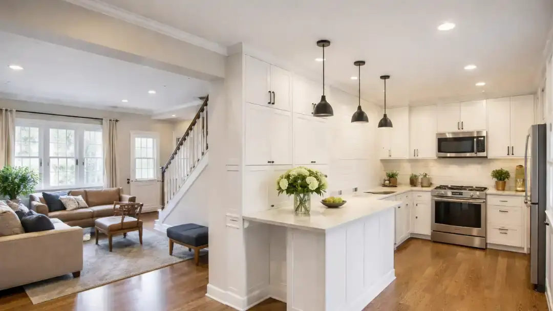 Open concept kitchen and living room after professional home remodeling in Reading PA