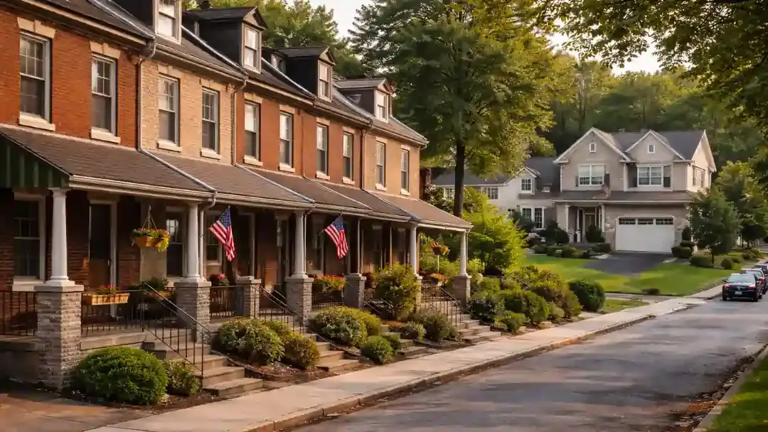 Residential street in Reading PA showing brick row homes and detached suburban house
