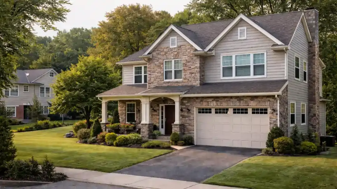 Remodeled single family home exterior in Spring Township Pennsylvania with updated siding and landscaping